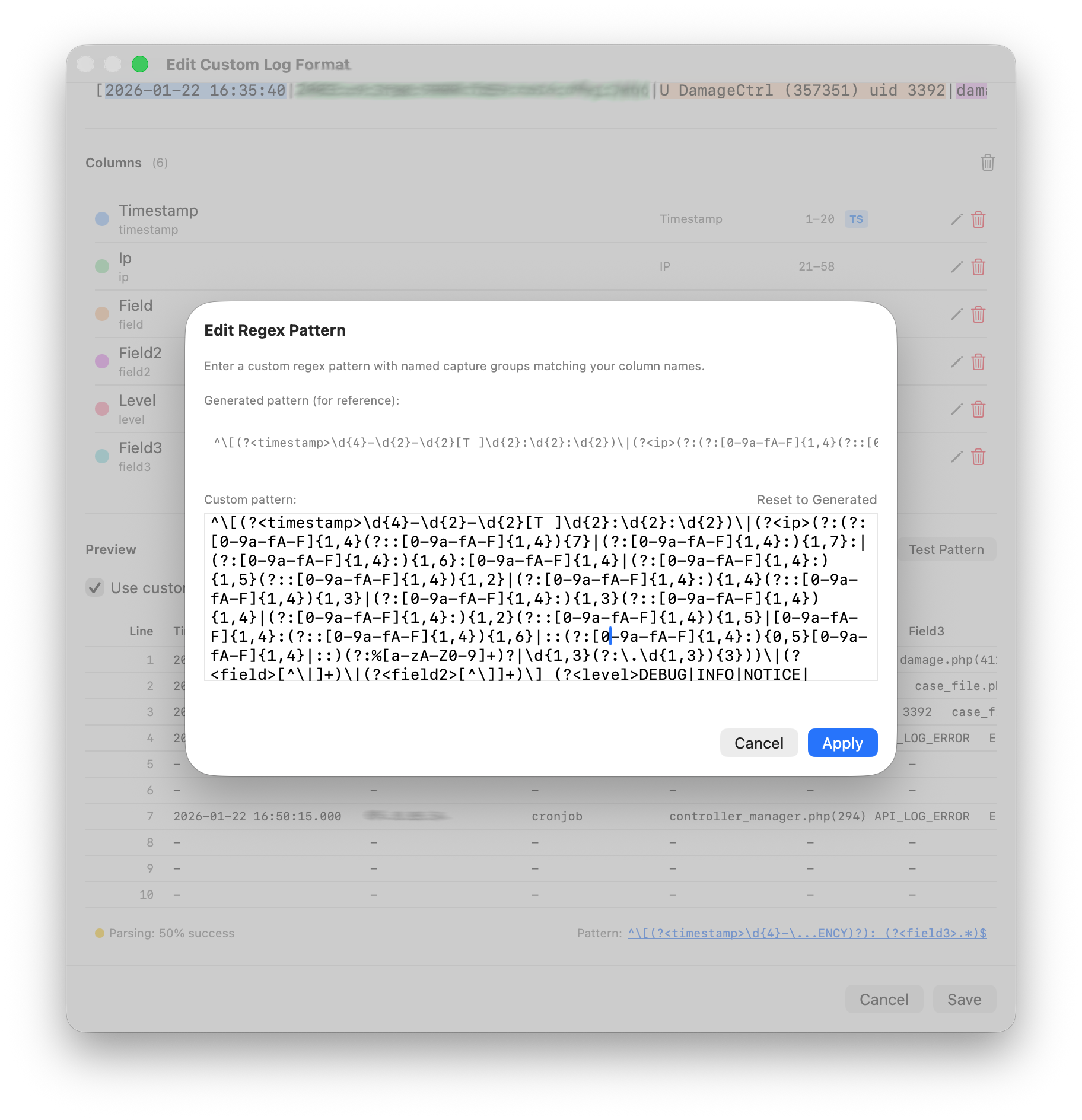 Custom regex pattern editor