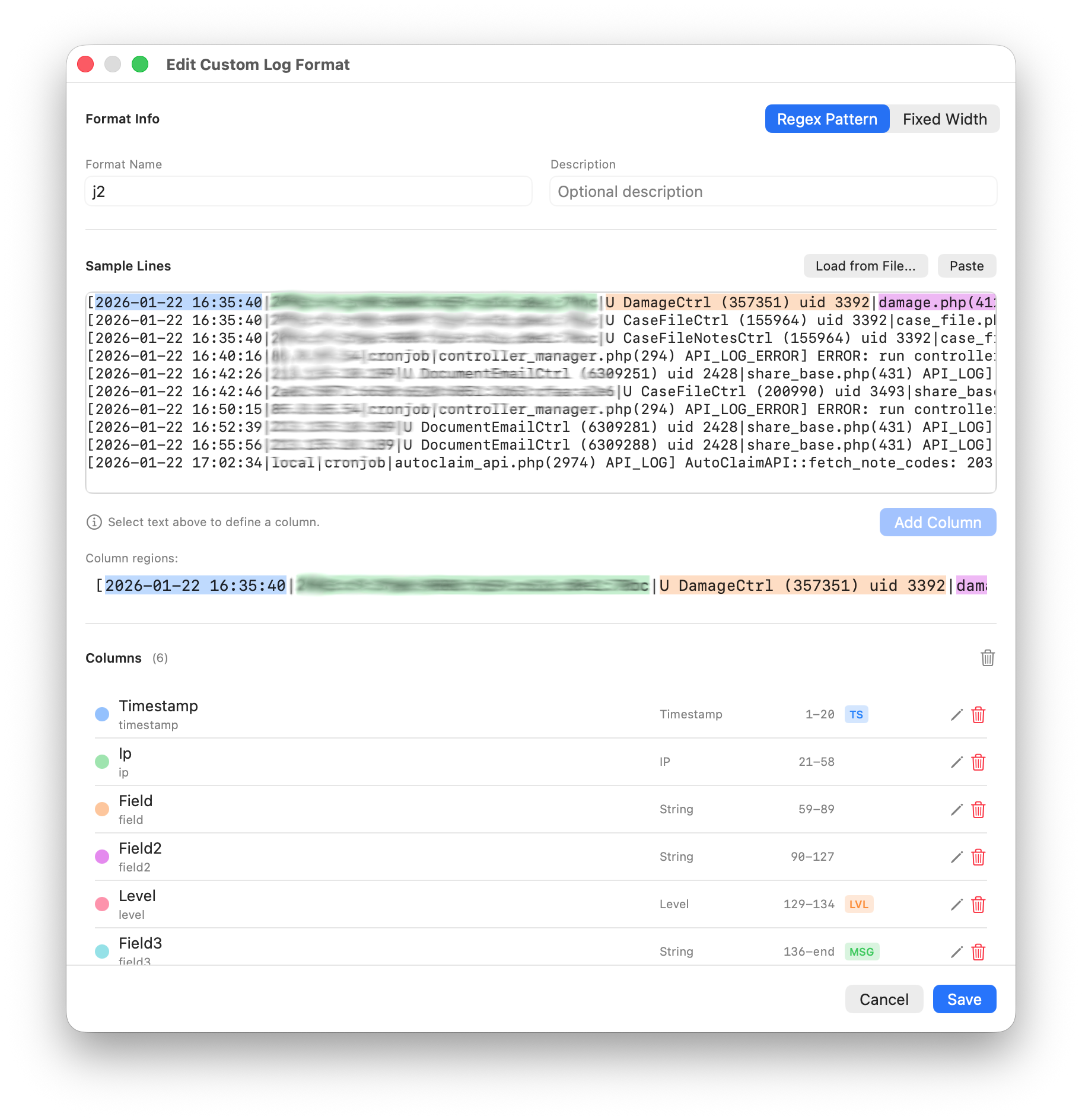 Custom format editor - column definition