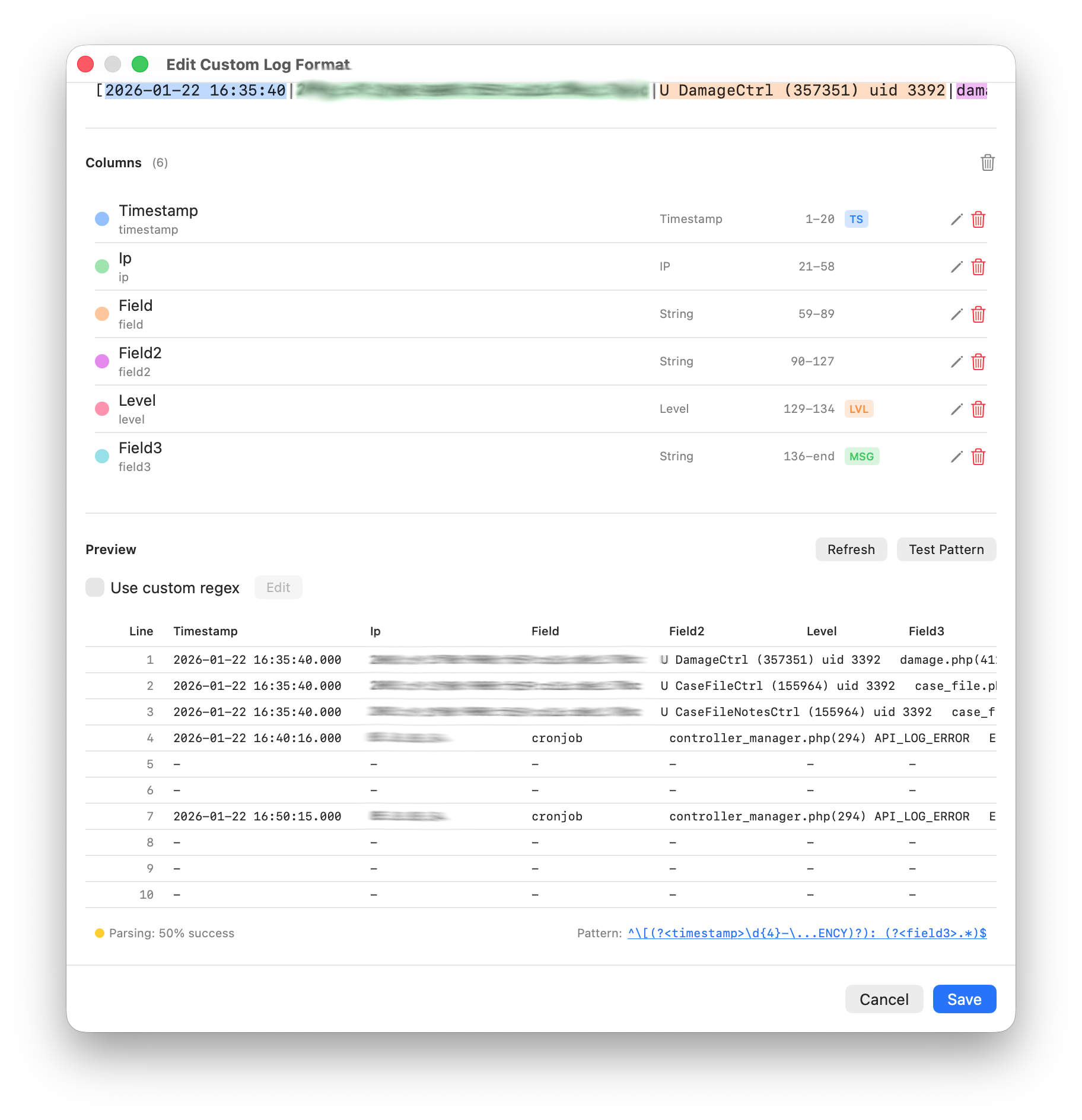 Custom Log Format Editor