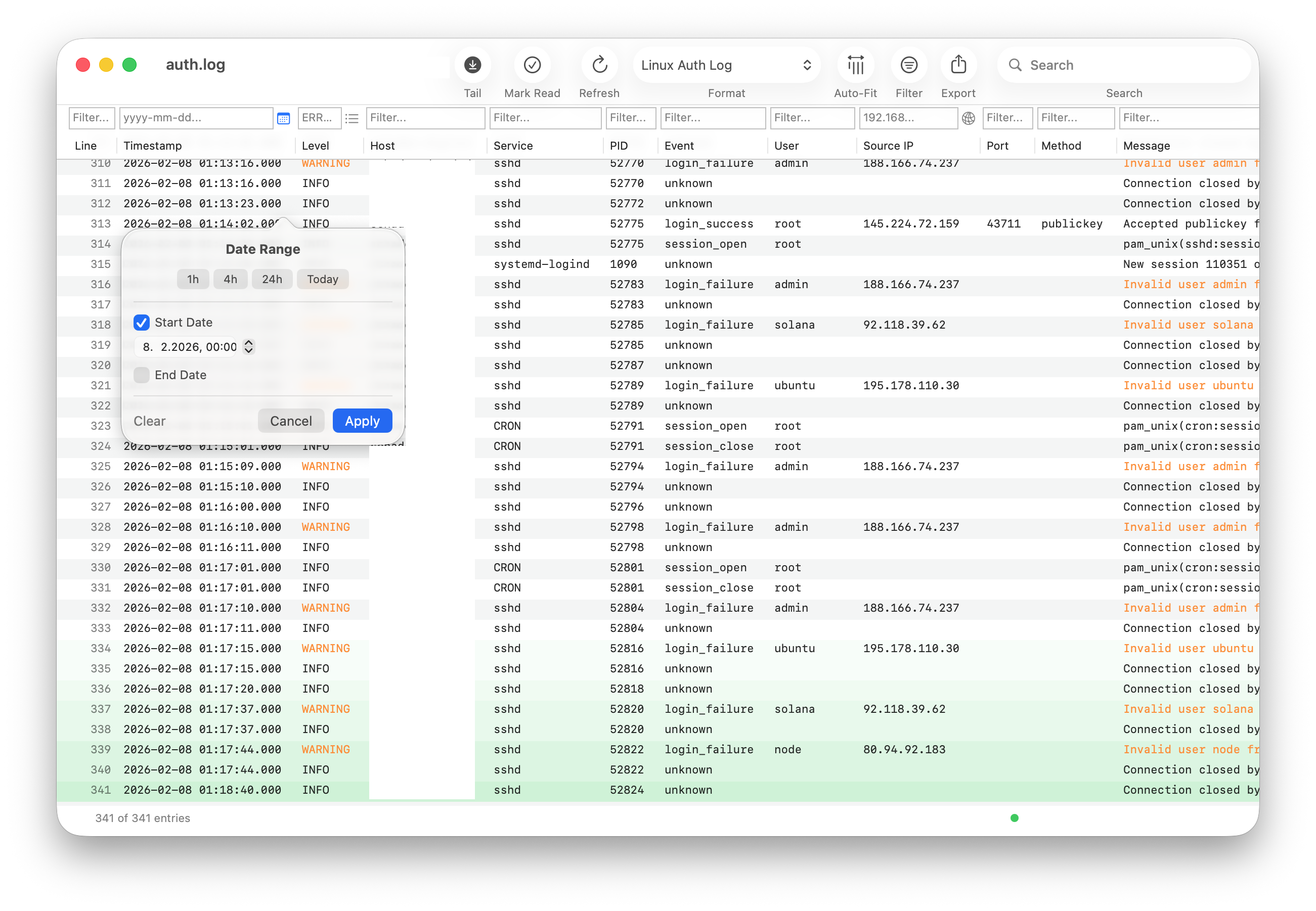 Date range filter popover