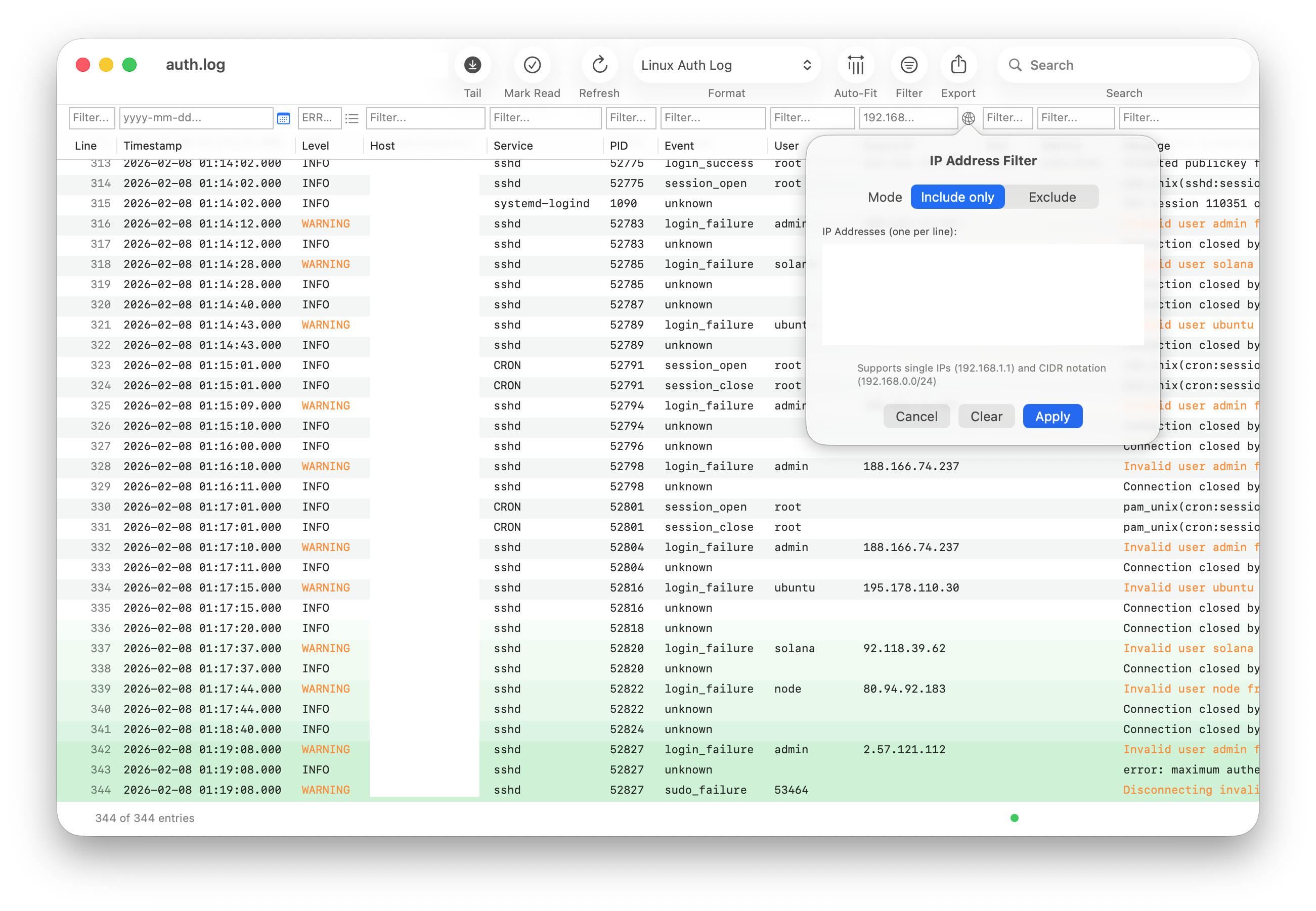 IP address filter popover
