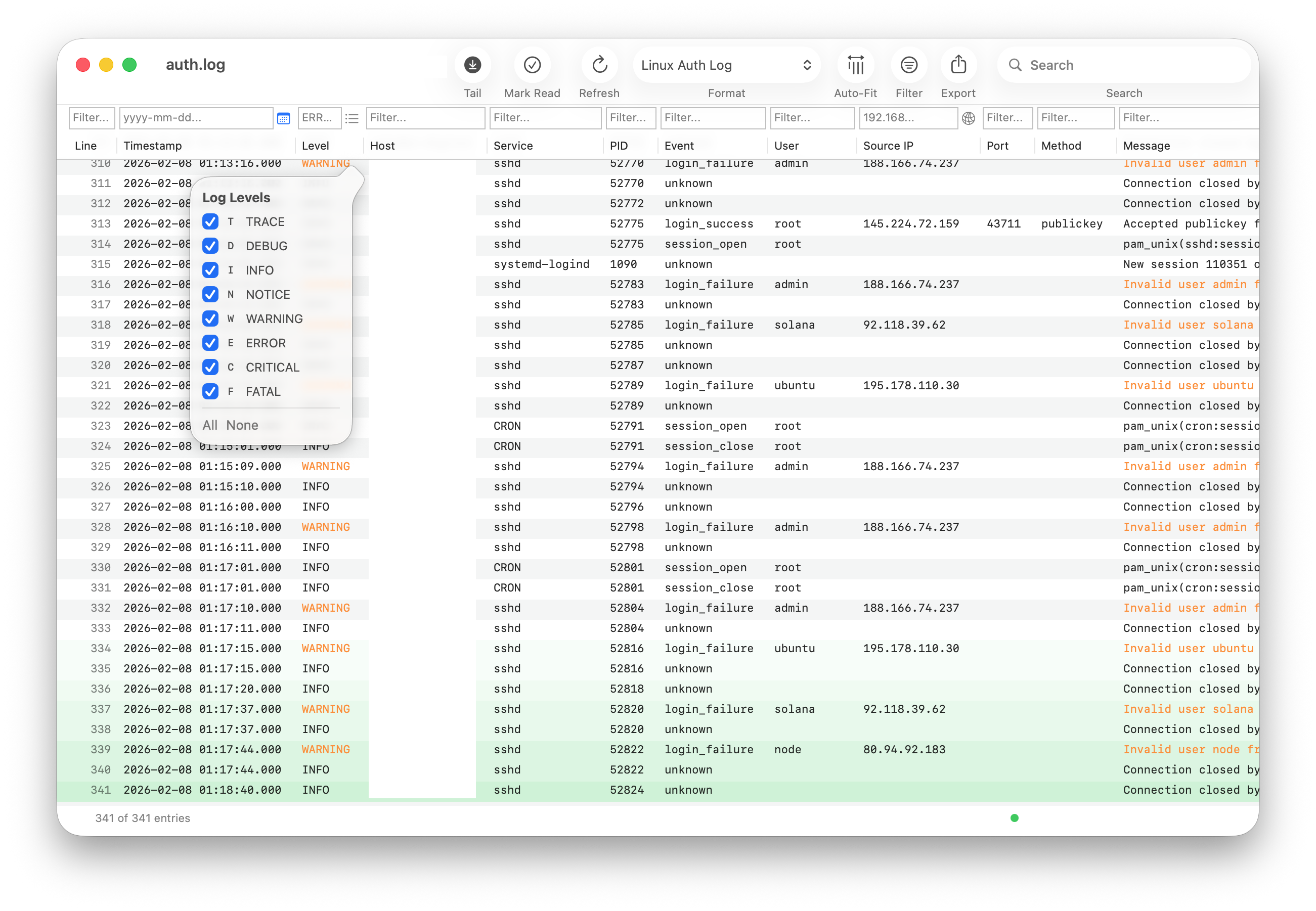 Log level filter popover