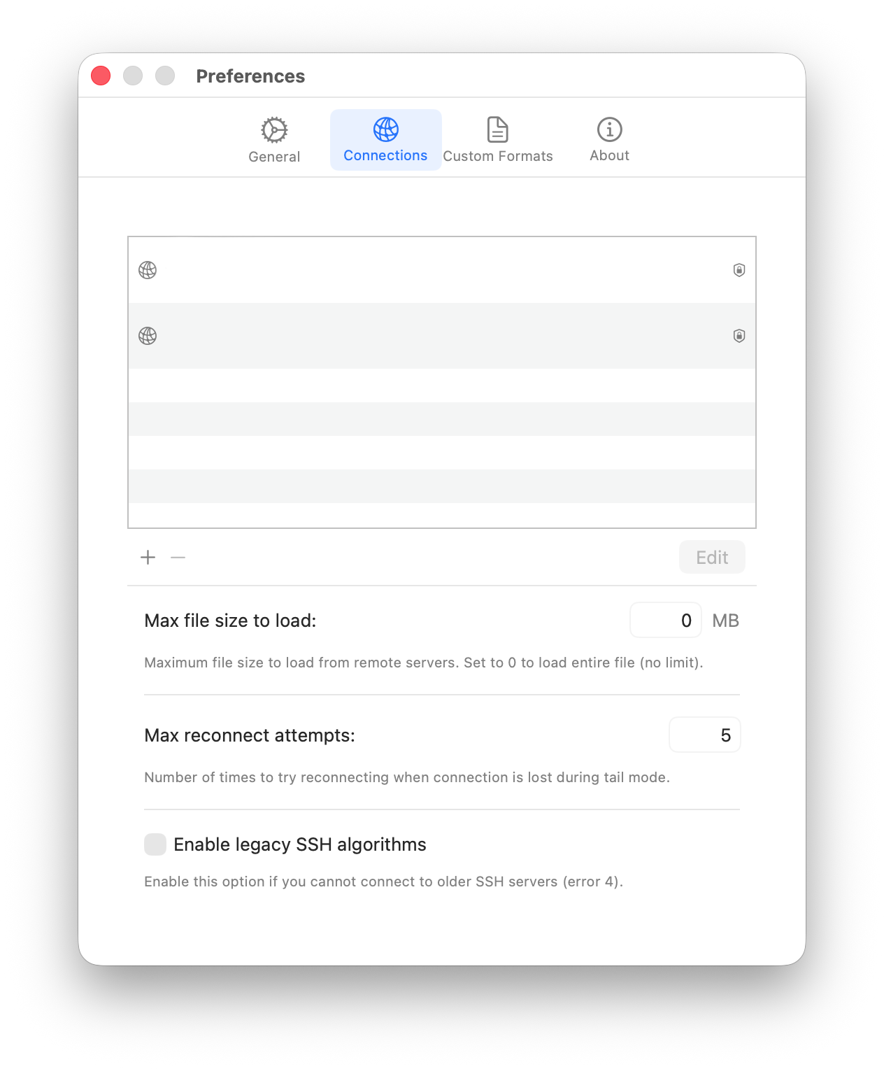 Preferences - Connections tab